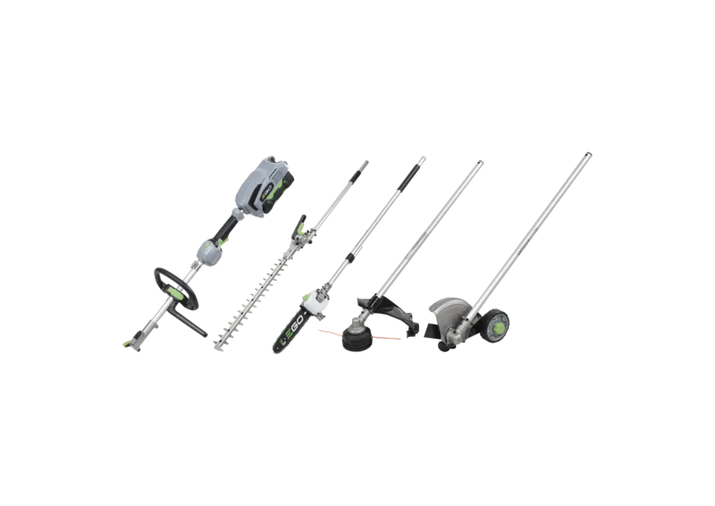 ego mhsc2002e multi tool kit: line trimmer + brush cutter blade + hedge trimmer + pole saw + edger attachments